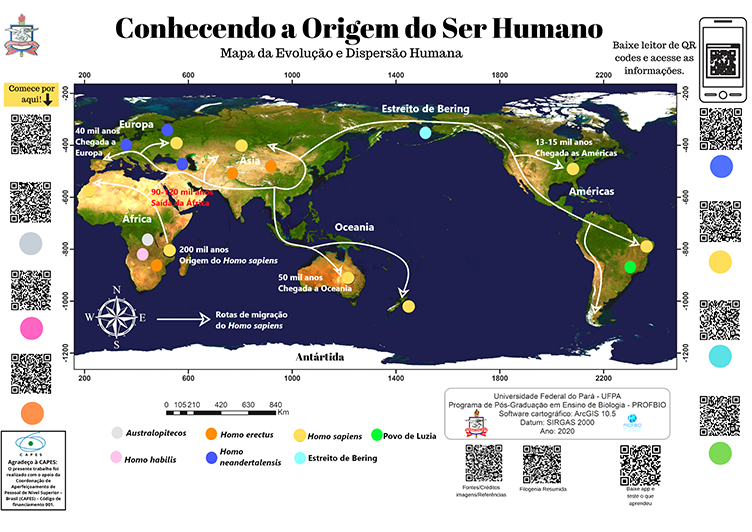 #paratodosverem: A imagem apresenta o mapa temático, construído durante a pesquisa, de formato retangular. Acima e ao centro, a figura apresenta as frases “Conhecendo a Origem do Ser Humano” e, logo abaixo, “Mapa da Evolução e Dispersão Humana”. Nas bordas da direita, da esquerda e de baixo, a imagem traz várias figuras de QR codes em preto, sobre um fundo branco. No centro, também em formato retangular, há o mapa-múndi com os continentes representados em tons de verde e amarelo sobre um fundo azul escuro, com linhas que mostram a migração da espécie humana desde o continente africano.